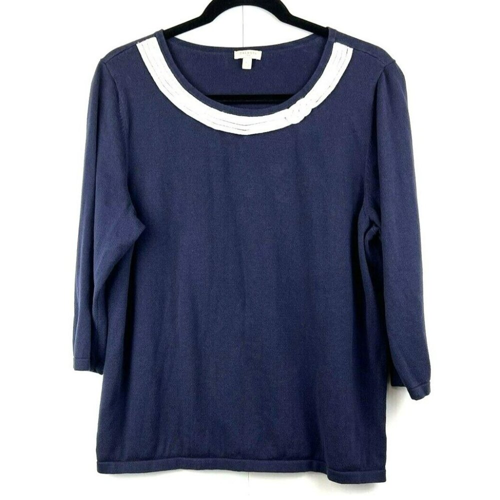 Talbots Sweater Womens XL Navy Blue Silver Metallic Trim 3/4 Sleeve Pullover